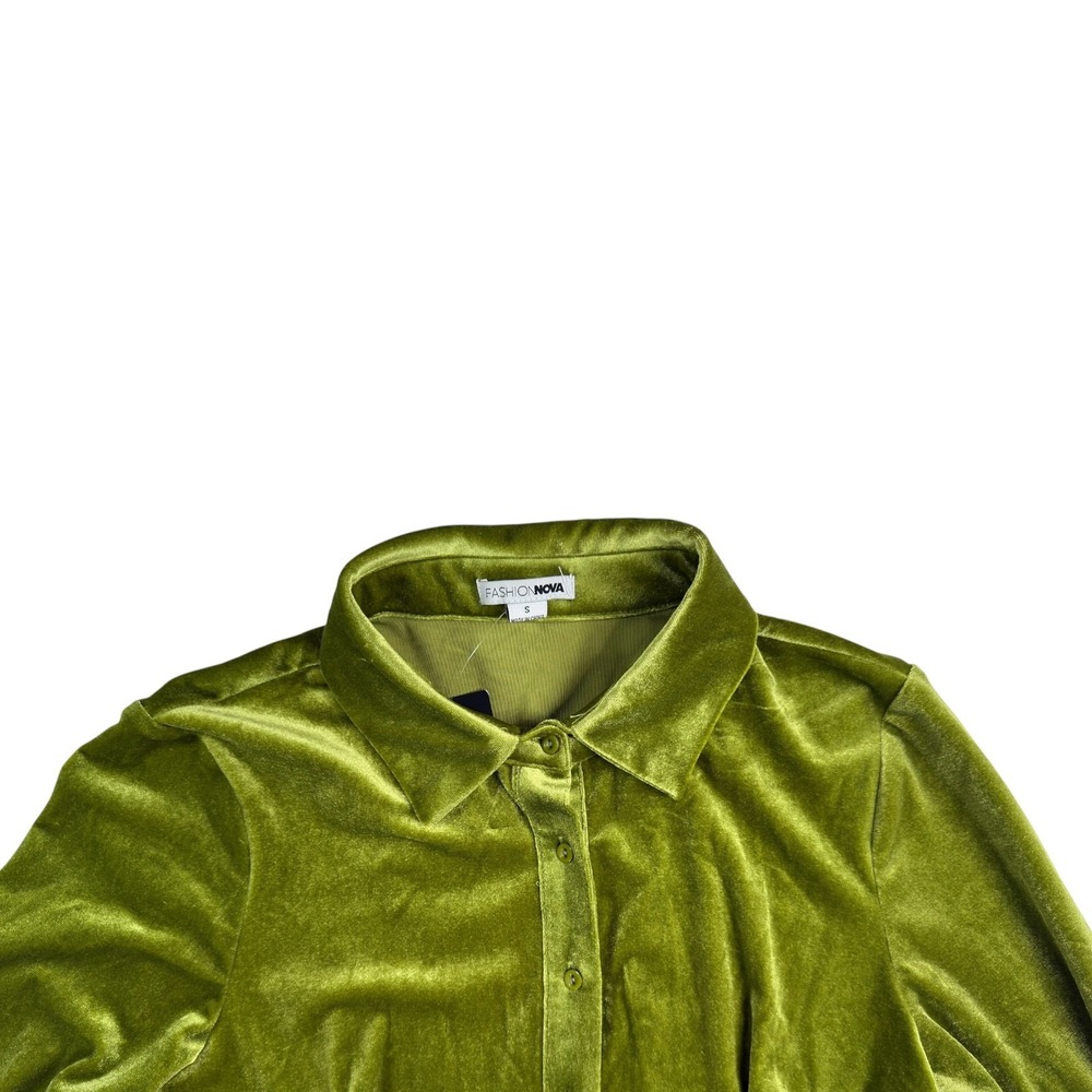 NEW Fashion Nova Phoebe Velvet Shirt Dress S Green Chartreuse Mini Luxe Mod - Picture 2 of 10